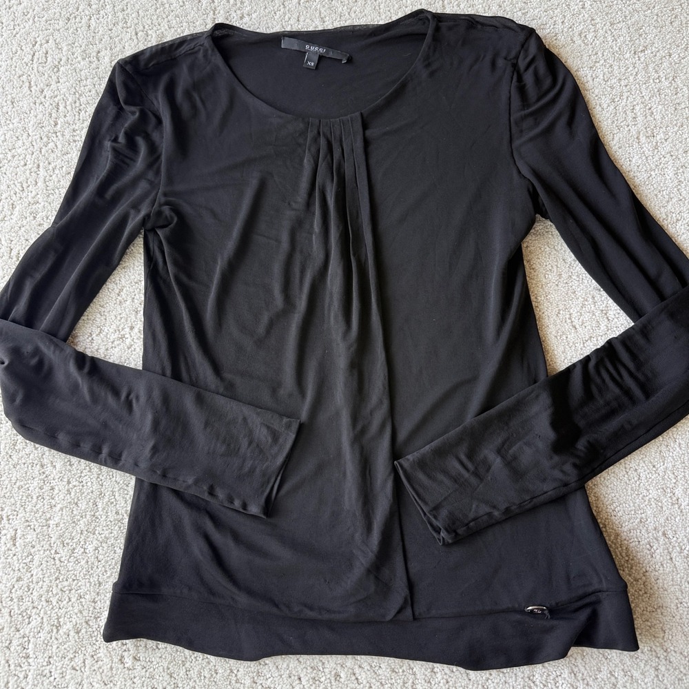 Gucci Pleated Front Top Women XS Black Long Sleeve Viscose 184193 X6073 - Picture 2 of 16